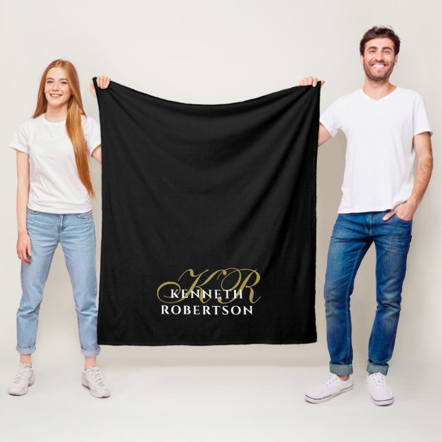 Monogram Black Gold White Minimalist Elegant Men  Fleece Blanket (In Situ)