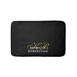 Monogram Black Gold White Minimalist Men Elegant  Bath Mat
