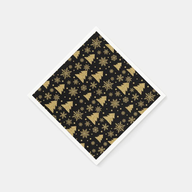 Monogram Black Golden Christmas Tree Snowflakes Napkin (Corner)
