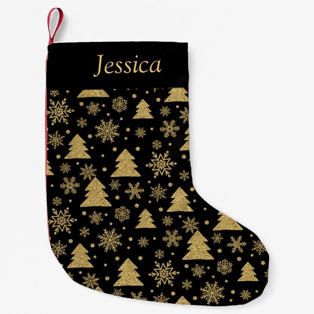 Monogram Black Golden Christmas Tree Snowflakes Small Christmas Stocking (Front)