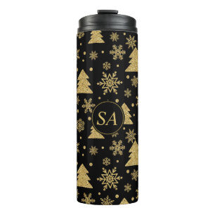 Monogram Black Golden Christmas Tree Snowflakes Thermal Tumbler