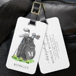 Monogram Black Golf Bag Luggage Tag<br><div class="desc">This elegant monogram golf bag or luggage tag features a dark grey, almost black golf bag with a crisp white serif initial on the front, creating a bold and classic contrast. The bag is filled with clubs and sits on a small patch of green grass, adding a subtle sporty touch....</div>