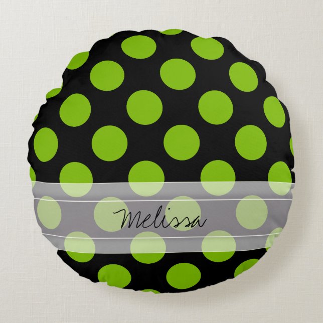 Monogram Black Green Chic Polka Dot Pattern Round Cushion (Front)