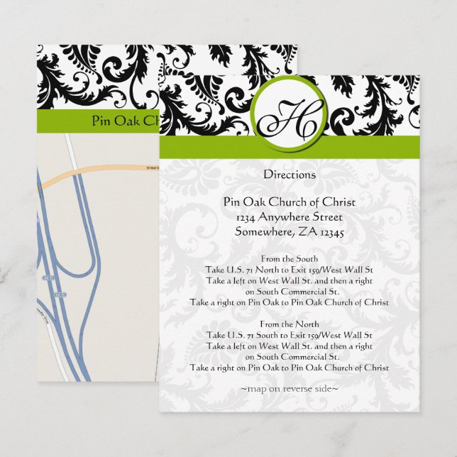 Monogram Black & Green Damask Direction Card (Front/Back)