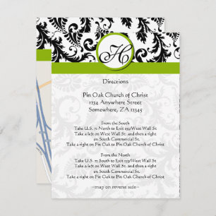Monogram Black & Green Damask Direction Card