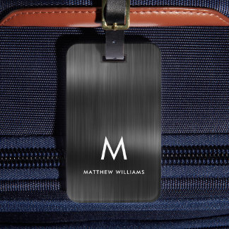 Monogram Black Grey Faux Metal Steel Styled Custom Luggage Tag