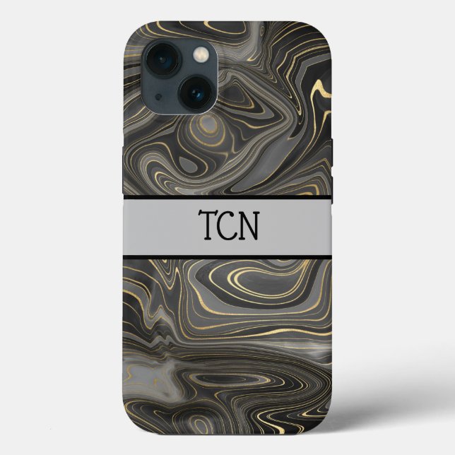 Monogram Black Grey Gold Marble Agate Strata Case-Mate iPhone Case (Back)