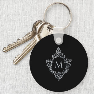 Monogram Black Grey Initial Vintage Elegant Crest  Key Ring