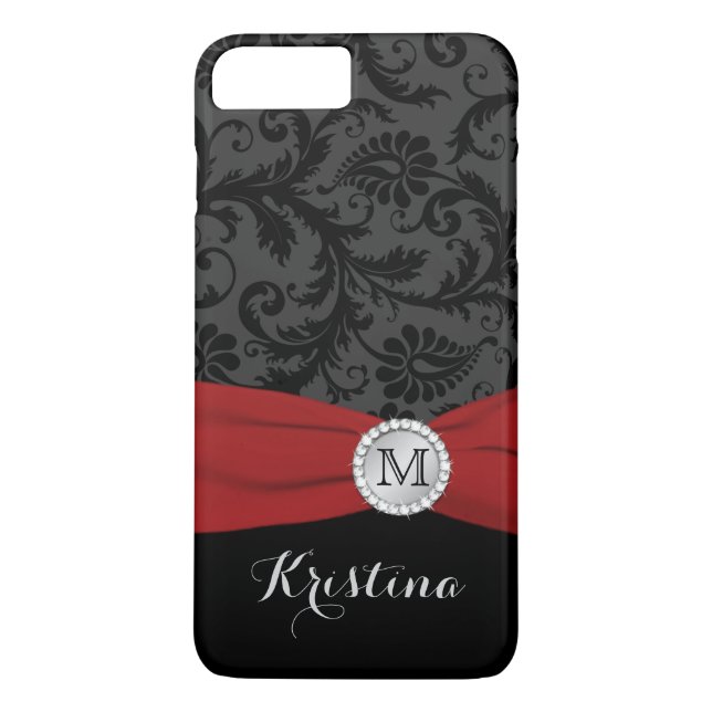 Monogram Black, Grey, Red Damask iPhone 7 Case (Back)