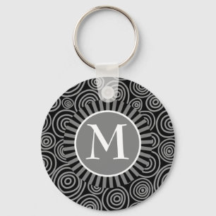 Monogram Black Grey Spirals - Mens Personalised Key Ring