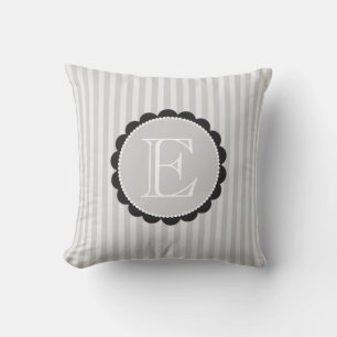 Monogram Black Grey White Scalloped Stripes Cushion