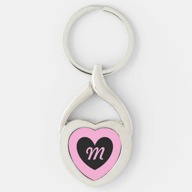 Monogram black heart on cotton candy pink key ring (Front)