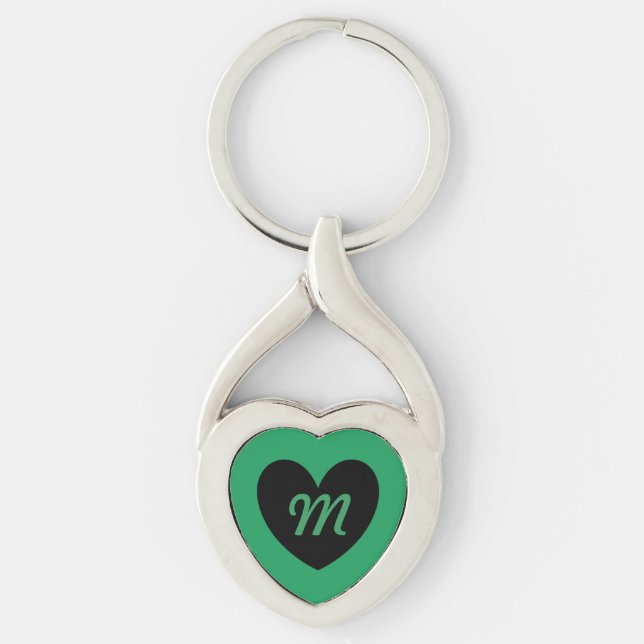 Monogram Black heart on Kelly green Key Ring (Front)