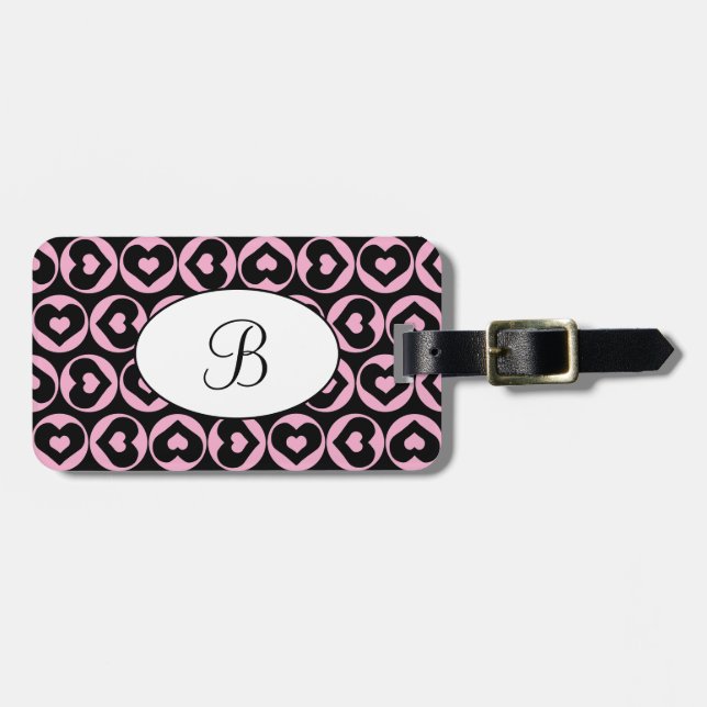 Monogram Black Heart Pink Love Luggage Tag (Front Horizontal)