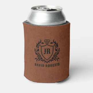Monogram Black Heraldic Crest Brown Faux Leather Can Cooler
