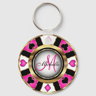 Monogram Black, Hot Pink and Gold Las Vegas Style Key Ring