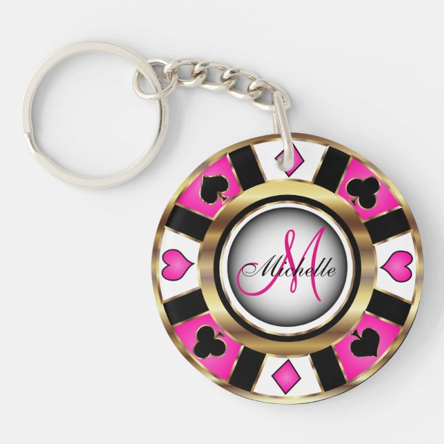 Monogram Black, Hot Pink and Gold Las Vegas Style  Key Ring (Front)