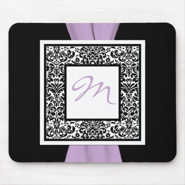 Monogram Black, Lavende, White Damask Mousepad (Front)