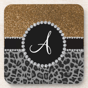 Monogram black leopard gold glitter coaster