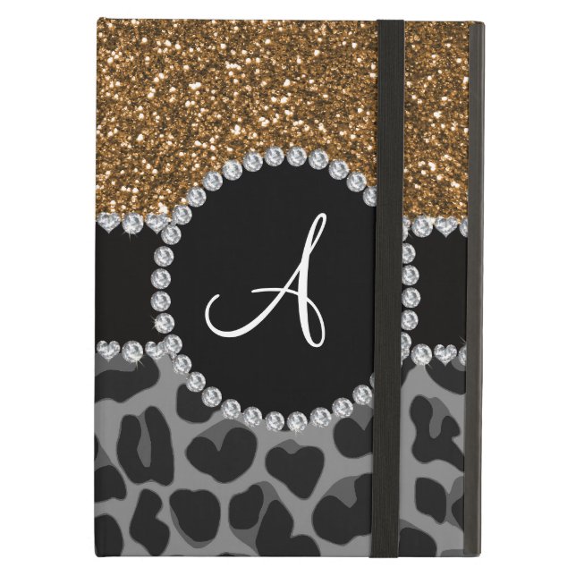 Monogram black leopard gold glitter iPad air case (Front Closed)