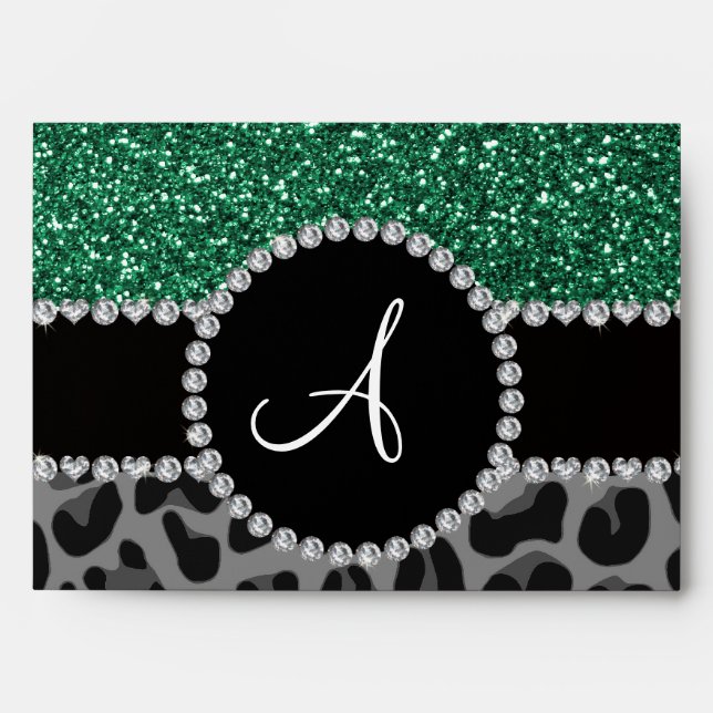 Monogram black leopard mint green glitter envelopes (Front)