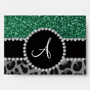 Monogram black leopard mint green glitter envelopes