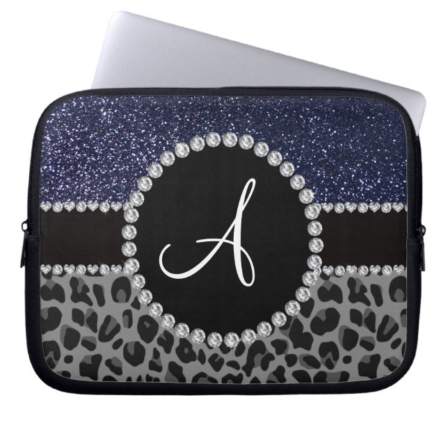 Monogram black leopard navy blue glitter laptop sleeve (Front)