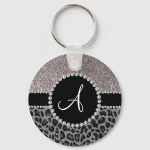Monogram black leopard silver glitter key ring