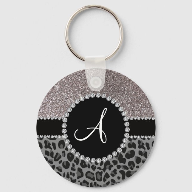 Monogram black leopard silver glitter key ring (Front)