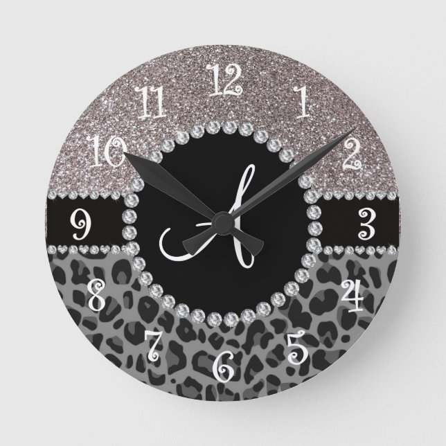 Monogram black leopard silver glitter round clock (Front)