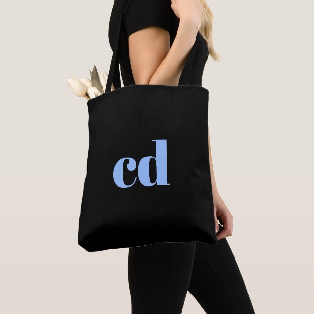 Monogram black light blue initials elegant modern tote bag (Close Up)