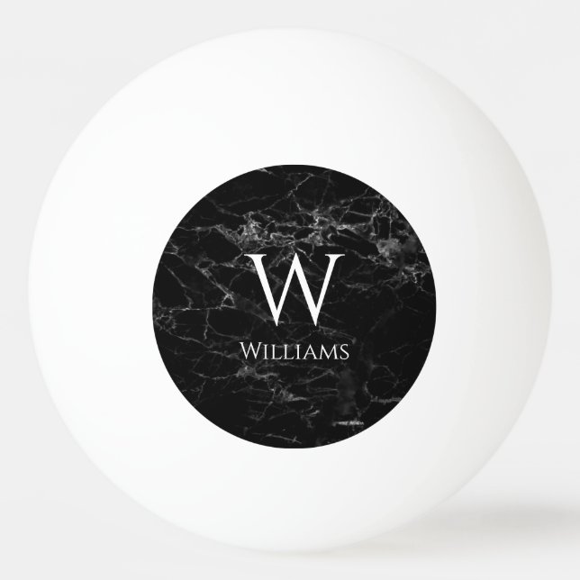 Monogram Black Marble Modern Name White Initial Ping Pong Ball (Front)