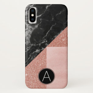 Monogram Black Marble & Rose Gold Glitter Sparkle iPhone X Case