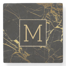 monogram black marble stone coaster