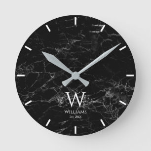 Monogram Black Marble White Initial & Custom Name Round Clock