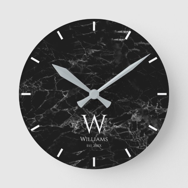 Monogram Black Marble White Initial & Custom Name Round Clock (Front)