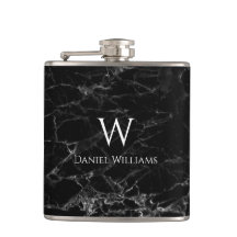 Monogram Black Marble White Name Modern Elegant Hip Flask