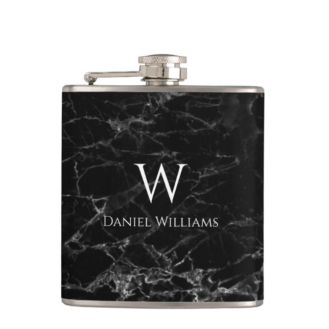 Monogram Black Marble White Name Modern Elegant Hip Flask (Front)