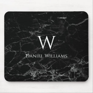 Monogram Black Marble White Name Modern Elegant Mouse Mat