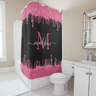 Monogram Black Metallic Hot Pink Dripping Glitter Shower Curtain