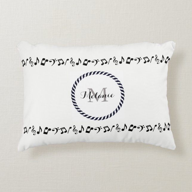 Monogram Black Music Notes Accent Pillow (Front)