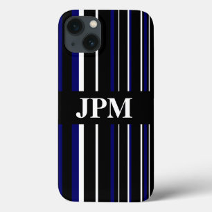 Monogram Black, Navy Blue, White Barcode Stripe iPhone 13 Case