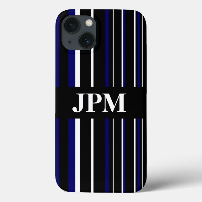 Monogram Black, Navy Blue, White Barcode Stripe Case-Mate iPhone Case (Back)