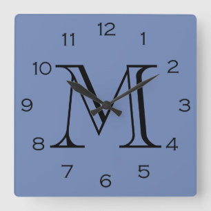 Monogram Black Numbers On Blue wccn Square Wall Clock