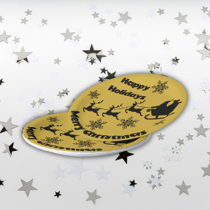 Monogram Black on Gold Merry Christmas    Paper Plate