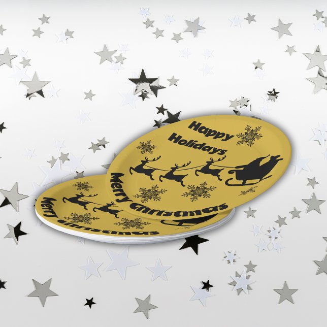 Monogram Black on Gold Merry Christmas |  Paper Plate (Creator Uploaded)