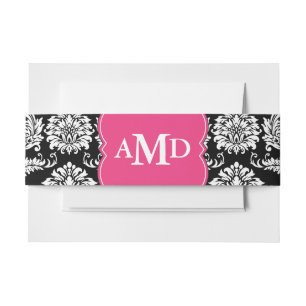 Monogram Black Pink and White vintage Damask Invitation Belly Band
