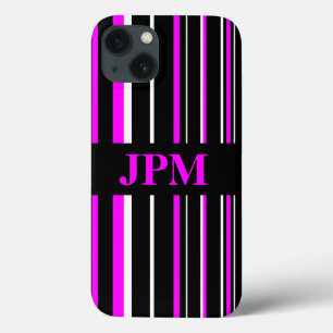 Monogram Black, Pink Barcode Stripe iPhone 13 Case