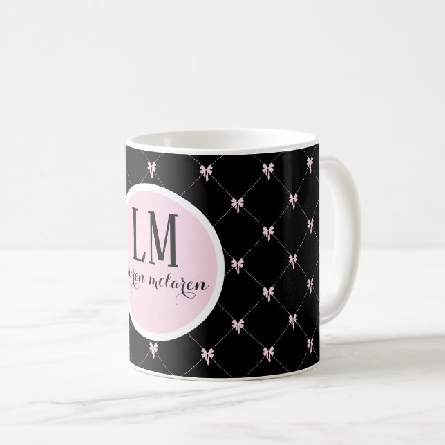 Monogram Black & Pink Bow Script Coffee Mug (Front Right)