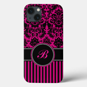 Monogram Black, Pink Damask Stripe iPad Air Case
